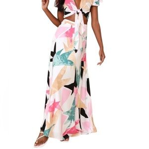 NWT Lulus Daydreaming White Print Maxi Skirt Colorful Abstract Print Size XS